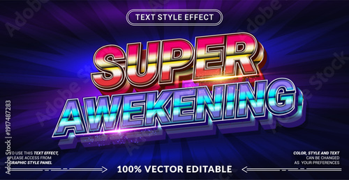 Editable text effect vector “Super Awakening” features bold 3D heroic lettering with powerful energy, perfect for superhero games, epic battles, and action titles.