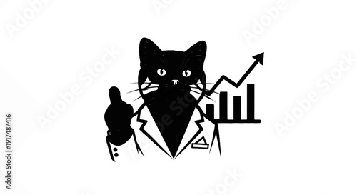 Black cat in suit gives thumbs up with upward trend graph