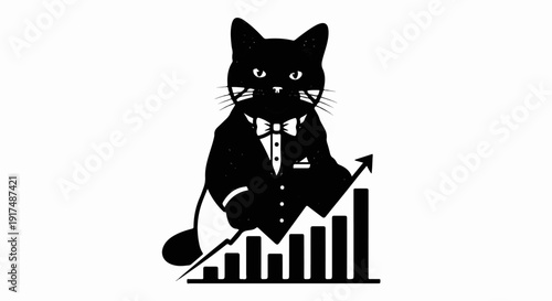 Black cat in suit, with a rising graph and arrow