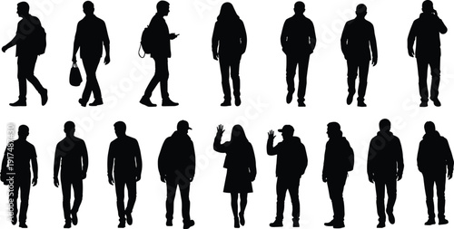 Walking people silhouettes collection, men and women in casual clothing carrying bags and backpacks, urban lifestyle human figures isolated on white background
