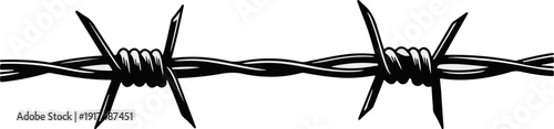 Black and white illustration of twisted barbed wire with sharp points