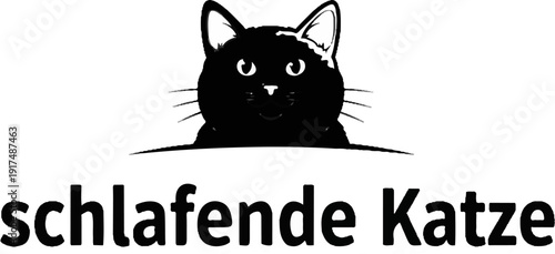 Black cat peeking over a banner with German text, possibly a logo