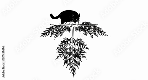 Black cat perched on a fern frond, rendered in a line art style