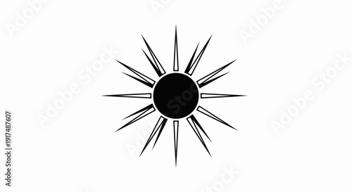 Black sunburst graphic with sharp, pointed rays radiating from a solid circle