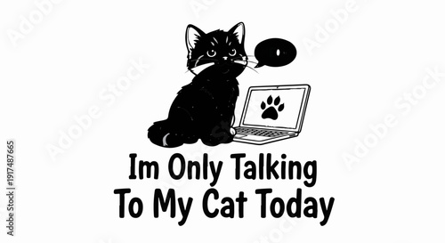 Black cat sitting by laptop with paw print, speaking bubble