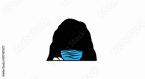 Black cave opening with bright blue water and rocks