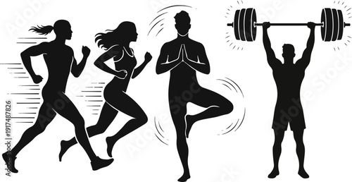Dynamic vector silhouette of people exercising, running, yoga pose, weight lifting, clean flat design, energetic motion lines.