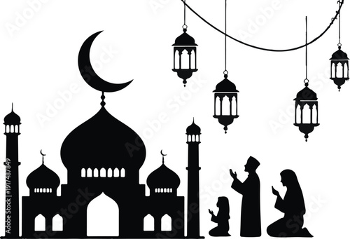 Elegant vector silhouette of mosque with crescent moon and lanterns.