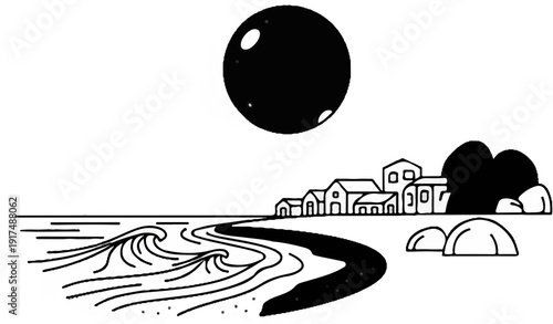 Black circle above coastal town with waves and hills