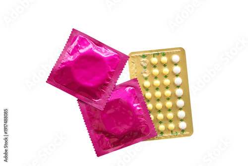 Canvas Print condom of a man for wear with birth control pills for woman eat protection coupl