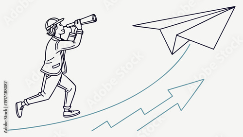 Man looking through telescope at paper airplane