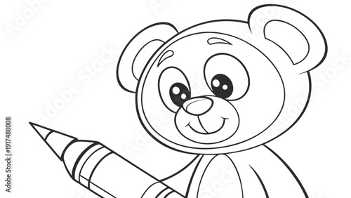 Happy cartoon bear holding a large crayon, ready for coloring fun