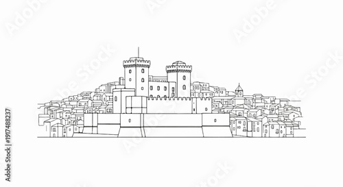 Castle with surrounding buildings on a hill, line drawing