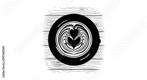 Black and white latte art with heart shapes on a wood grain background