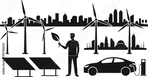 Vector silhouette illustration of renewable energy concept.