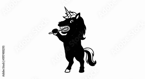 Black unicorn brushing teeth with a toothbrush, stylized cartoon