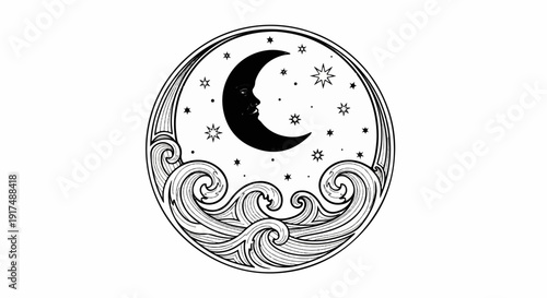 Celestial crescent moon with human face and stars over ocean waves