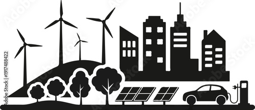 Vector silhouette of eco city skyline, wind turbines, solar panels, electric vehicle charging station, green energy concept.