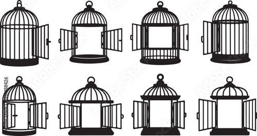 Set of open and closed birdcage illustrations in black