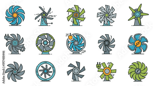 Collection of various colorful wind turbine icons in different designs and styles on a white background.