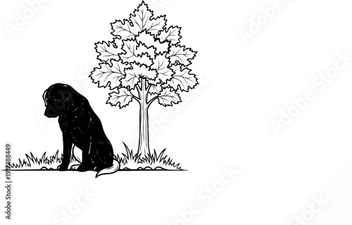 Black dog sits patiently by a tree with leaves on a grassy patch