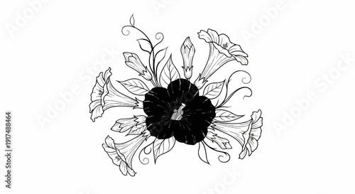 Black and white line art of a flower arrangement with dark central bloom
