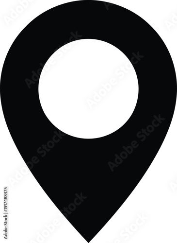 Black silhouette of a location pin icon representing GPS navigation map markers destination tracking geographic positions points of interest and addresses.