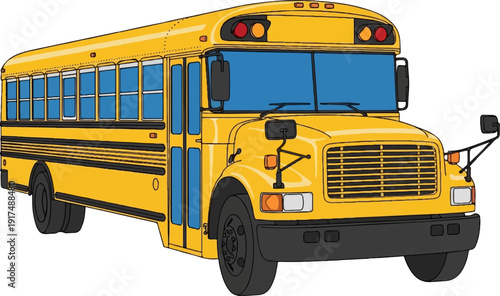 Classic yellow school bus with blue windows and black trim