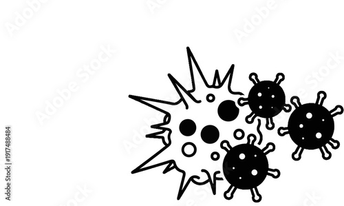 Black outlined virus-like shapes with spikes and circles on white background