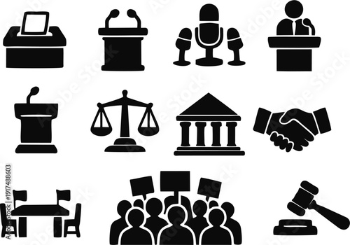 Collection of justice icons representing law, court, agreement, and democracy in a simple graphic style