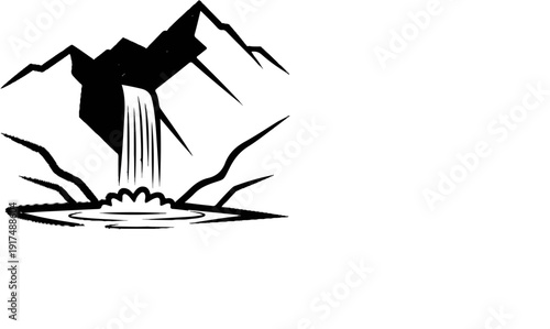 Black and white illustration of a waterfall cascading into a pool