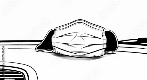 Black and white sketch of a disposable medical mask with ear loops