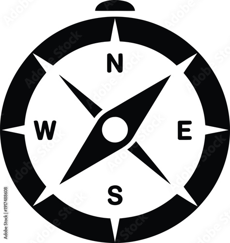 Black silhouette of a navigation compass icon representing directional guidance travel planning orientation marine exploration survival tools and global discovery concepts.