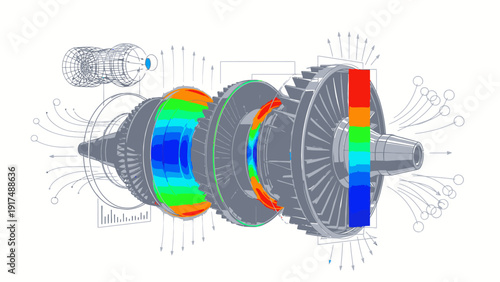 Technical drawing of a mechanical component with colorful thermal gradient sections and detailed engineering schematics on a white background.
