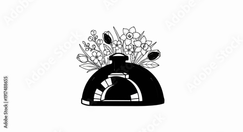 Black dome oven with arched opening, adorned with floral arrangement on top