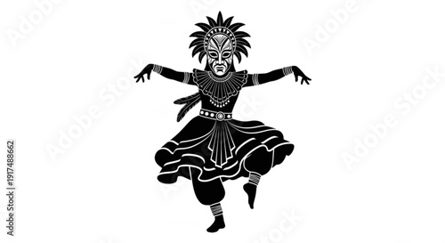 Traditional kathakali dancer in dynamic pose with elaborate costume and makeup showcasing expressive arms and ornate attire