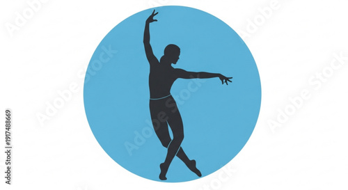 Silhouette of a dancer in a dynamic pose against a blue circular background conveying energy and movement