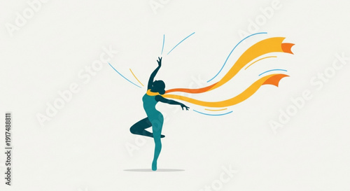 Woman in teal leotard dancing with flowing orange ribbons in dynamic pose on white background