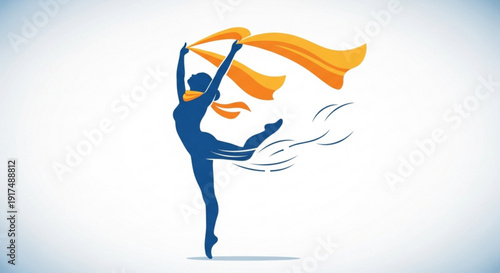 Woman in blue silhouette dancing with flowing orange fabric expressing freedom and joy in a graceful pose