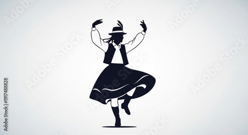 Woman in traditional dress dancing energetically with raised arms in a black silhouette on white background