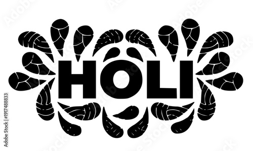 Holi bold typography with decorative mandala floral splash frame in black and white silhouette style, perfect for festive posters, banners, greeting cards, stickers, and Indian spring celebration