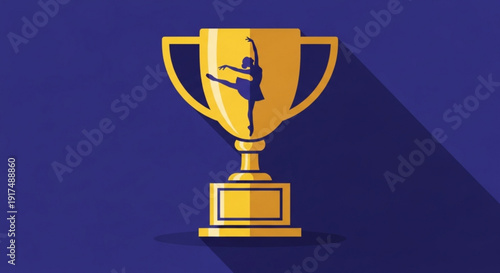 Golden trophy cup with gymnast silhouette on blue background symbolizing achievement and victory in sports