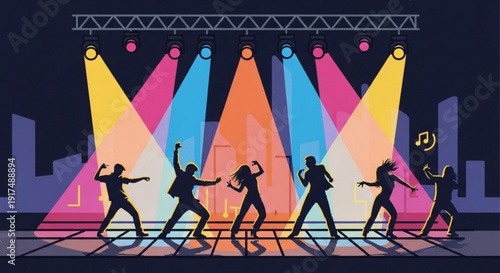 Silhouettes of people dancing on a stage with colorful spotlights and city skyline at night lively party scene with music notes