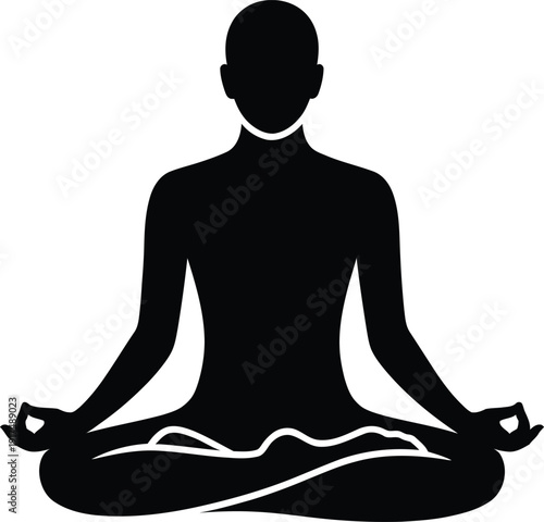 Black silhouette of a person sitting in a lotus meditation pose for mindfulness mental health wellness spiritual healing and relaxation.