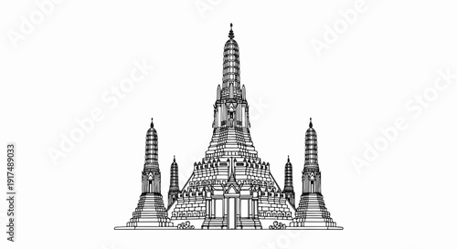 Black and white line art of a large, ornate temple structure with multiple towers