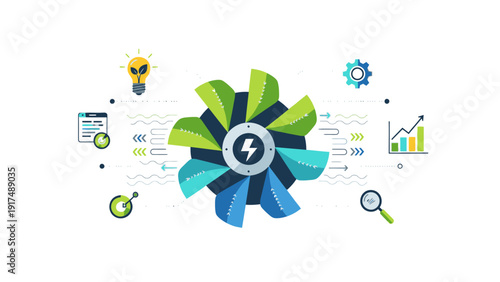 Infographic illustration of business concepts and data analysis tools on a white background with a colorful pie chart and various icons.