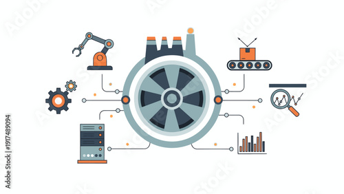 Infographic illustration of industrial automation and manufacturing processes with robotic arm, gear, and machinery icons connected by lines on a white background.