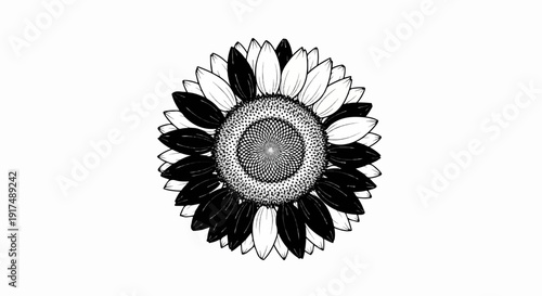 Black and white line art of a sunflower with alternating dark and light petals