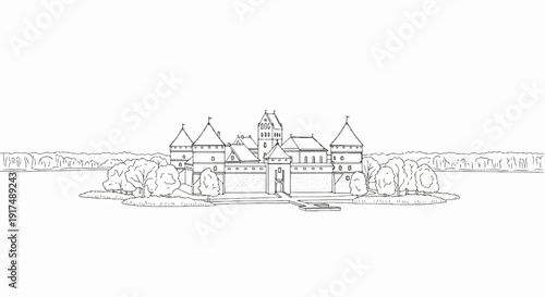Black and white sketch of a fortified castle on a small island surrounded by water and trees