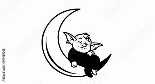 Cute cartoon goblin sleeping on a crescent moon